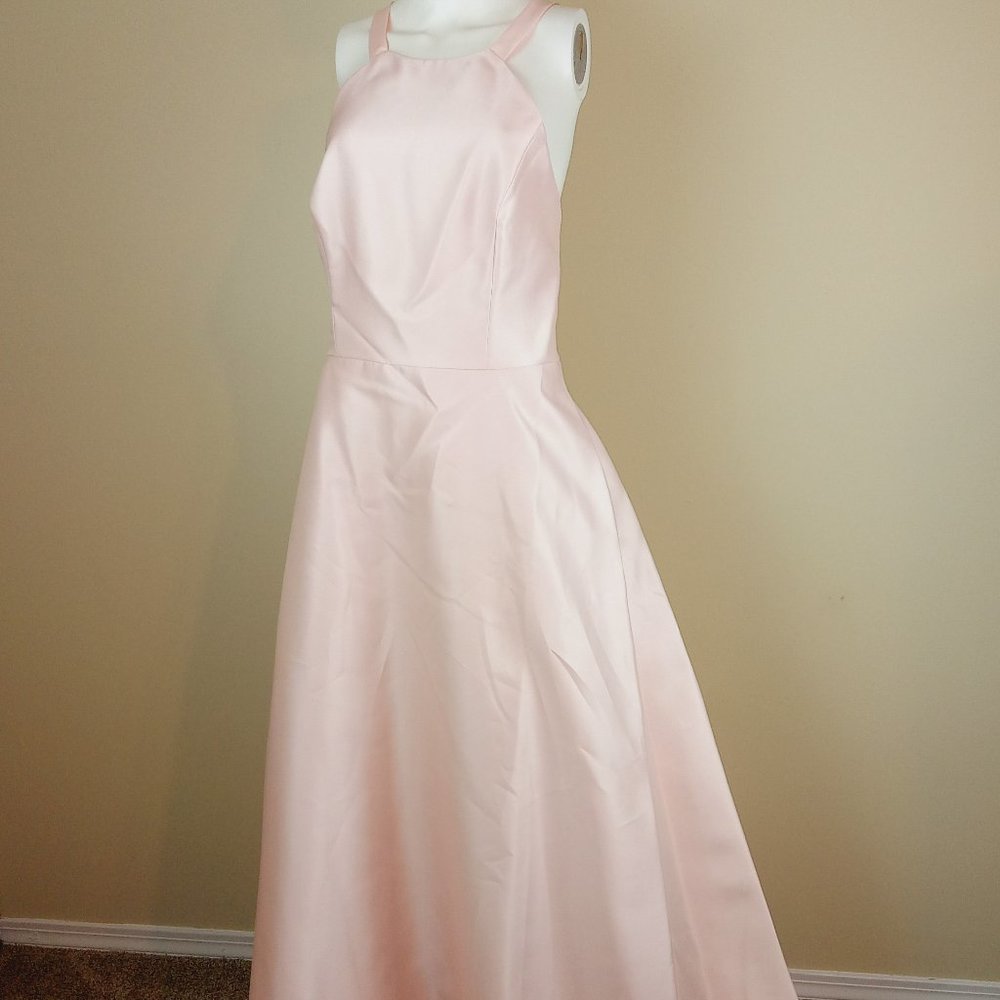 Alfred Sung Crisscross Back Dress Gown Women's Size 12 Blush Pink Satin D763